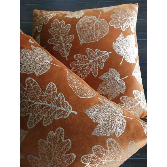 Autumn Leaf Accent Pillow Orange Rust Velvet Gold Leaves Fall 18” Down Filled - Picture 2 of 7